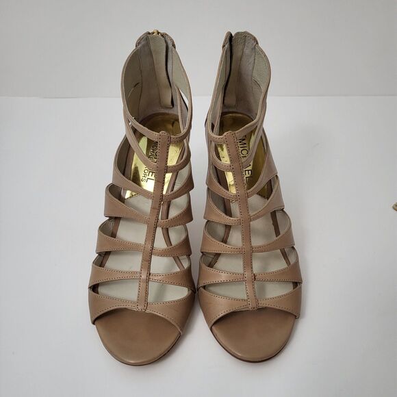 MICHAEL KORS Mavis Open Toe Sandals Womens 6 Dark Khaki Tan Stiletto Caged MK - Picture 2 of 9